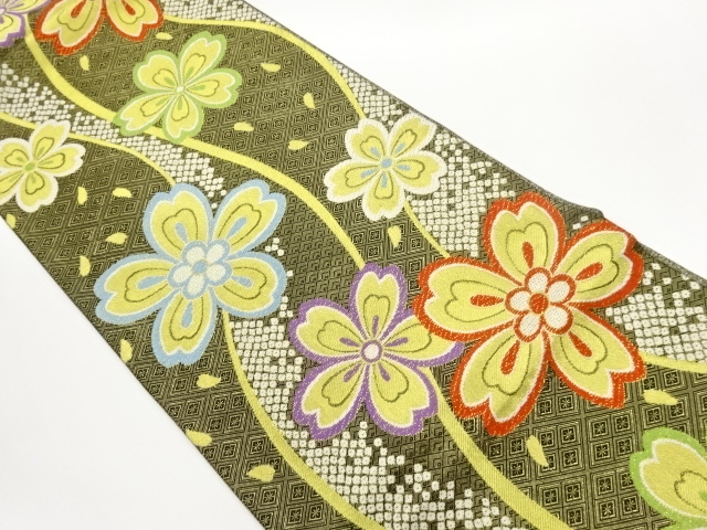 JAPANESE KIMONO / FUKURO OBI / SILK / SAGANISHIKI / WOVEN SAKURA & ABSTRACT WAVY STRIPE